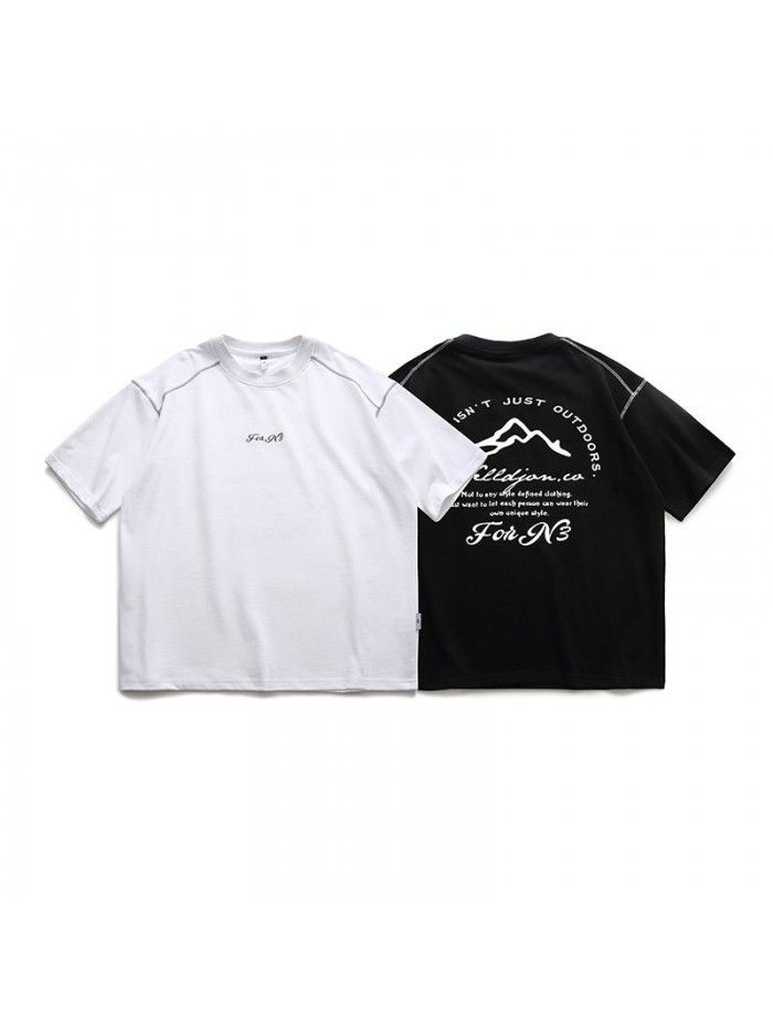 Summer New Solid Back Print Round Neck Short Sleeve Japanese Fashion High Street Loose T-shirt Men 