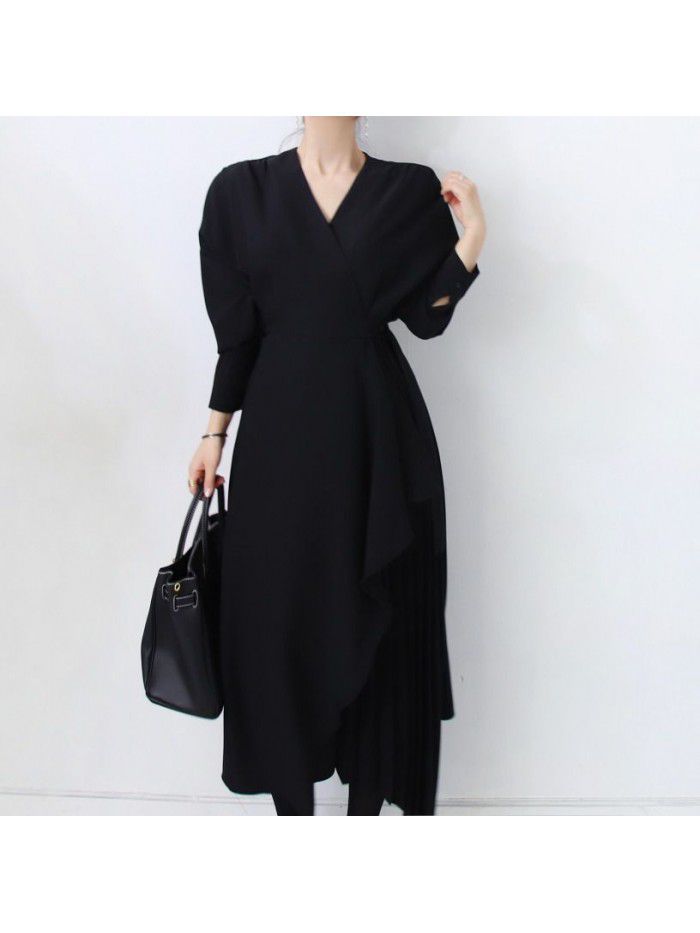 Vintage dress Long French Hepburn chiffon pleated shirt skirt Irregular V-neck long skirt Korean skirt 