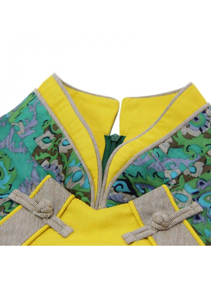 Summer new button improved cheongsam vintage cotton and linen patchwork vest dress 