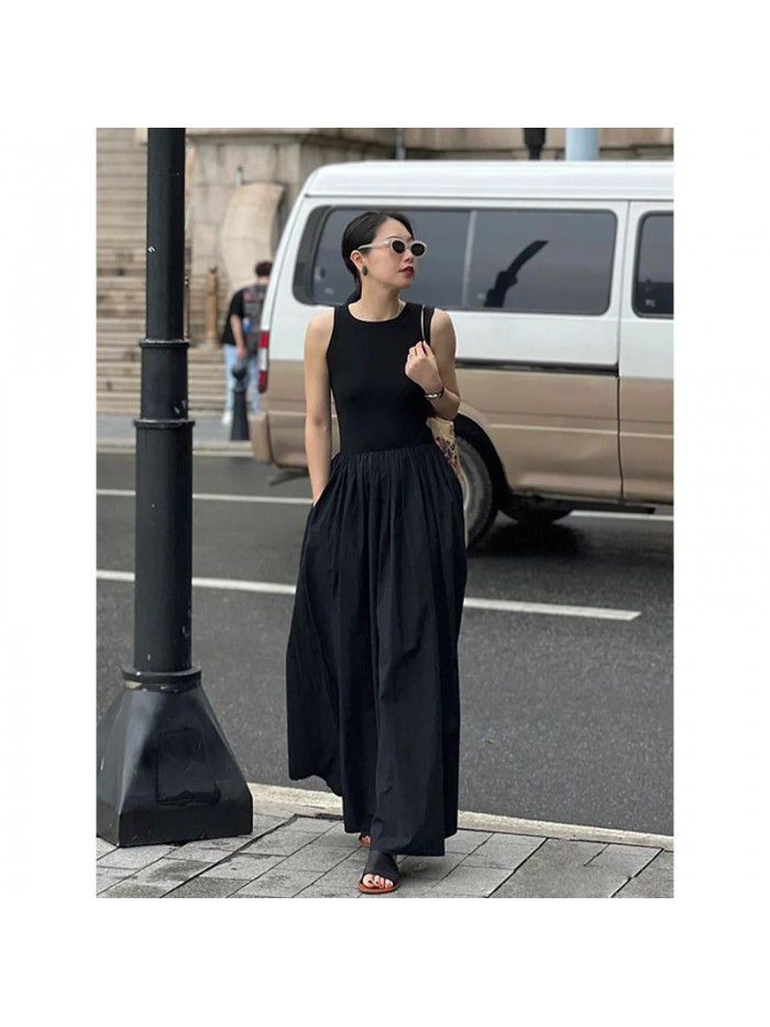 Spring/Summer New Two Color Casual Edition Solid Round Neck Needle Shuttle Panel Tank Top Long Dress 