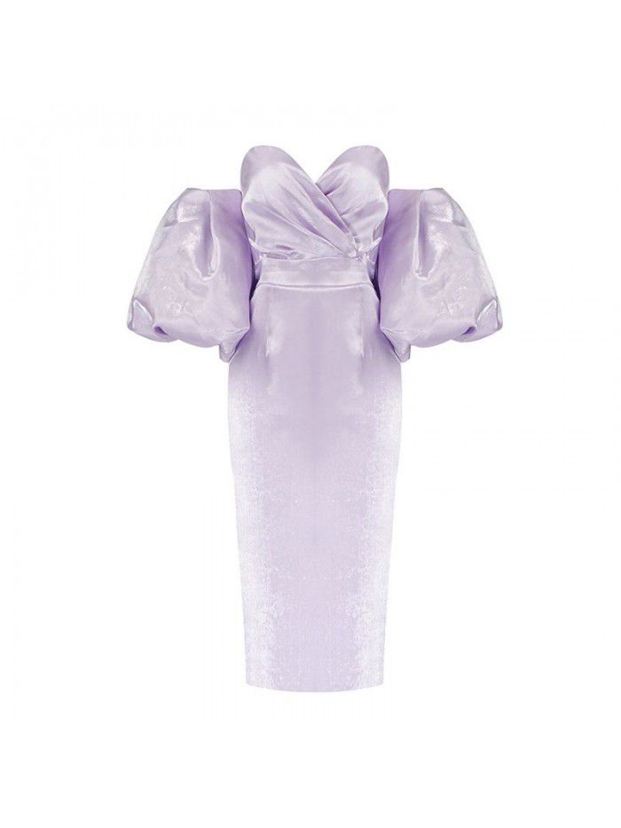 Autumn Women's Solid Color Wrapped Chest High Waist Lantern Sleeve Mid length Dress Dress  Autumn Women's Solid Color Wrapped Chest High Waist Lantern Sleeve Mid length Dress Dress
