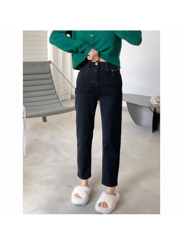 High Waist Straight Leg Jeans Women's New Black Slim Leg Length Short Versatile Crop Pants Smoke Tube Pants 