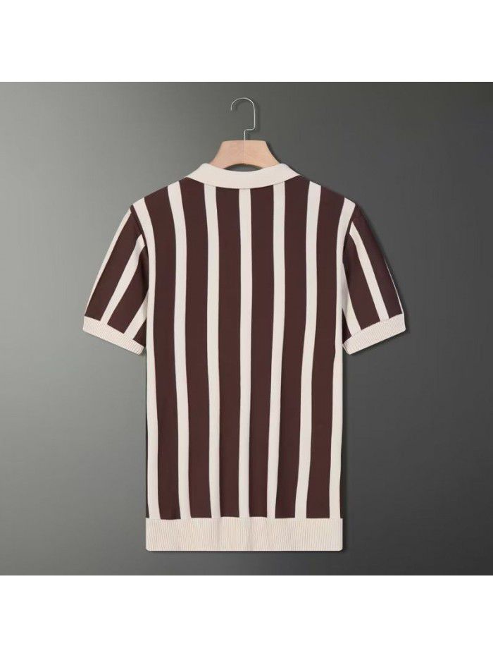 Half Zip Striped Polo Shirt Light Mature Summer Men's Short Sleeve T-shirt Trend Korean Knitted Casual Half Sleeves 