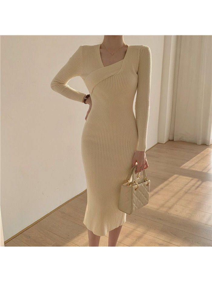 Autumn and Winter Cored Yarn Knitted Long Sleeve Dress V-neck Slim Fit Black Mid length Split Wrap Hip Skirt 