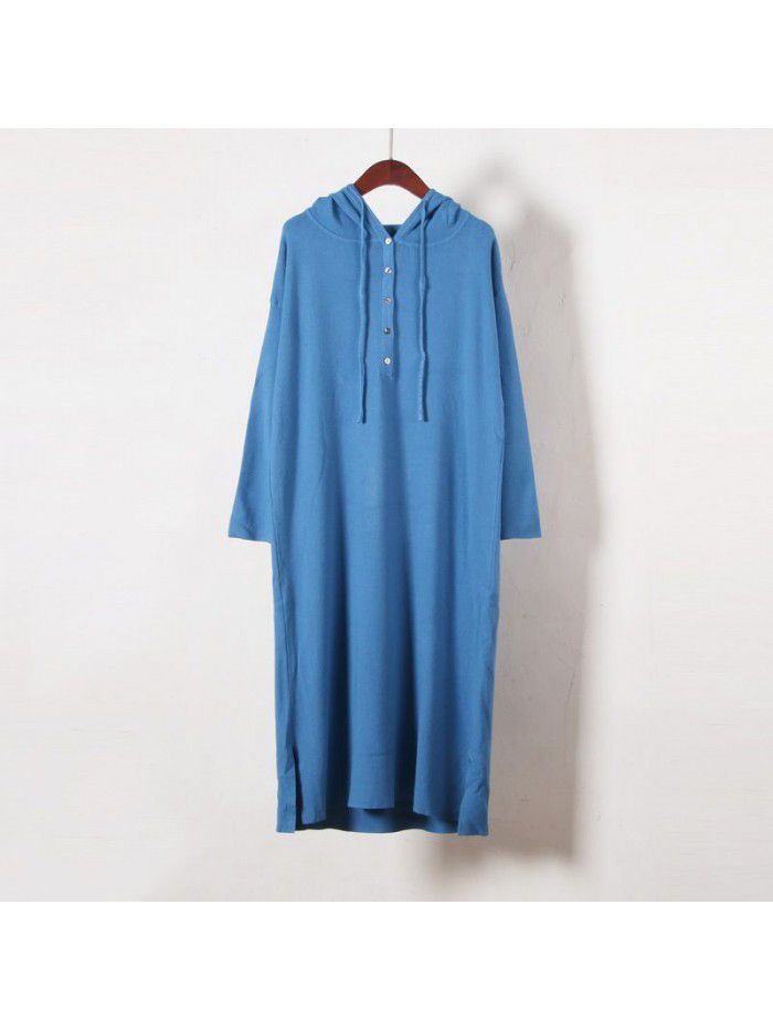 Hooded sweater knitted dress women's thickened autumn and winter casual medium length sweater long skirt over the knee 