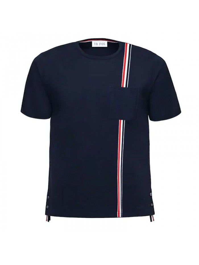 Pocket Red, White, Blue Ribbon Stripe Pure Cotton Summer Short Sleeve T-shirt Casual Fashion Male Couple 