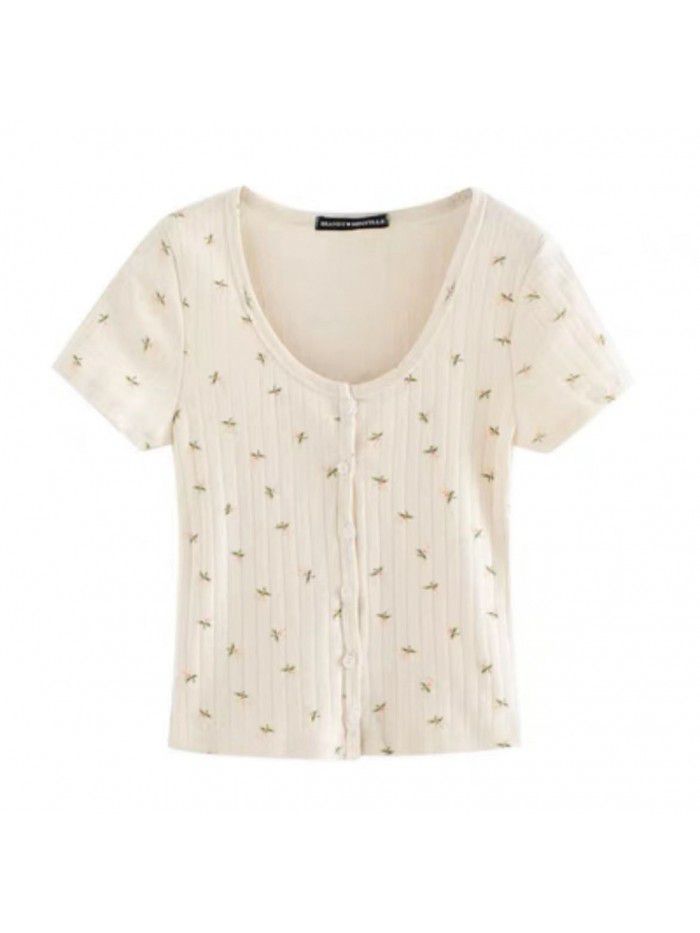 Summer short sexy floral cardigan T-shirt slim fitting short sleeved top for women 