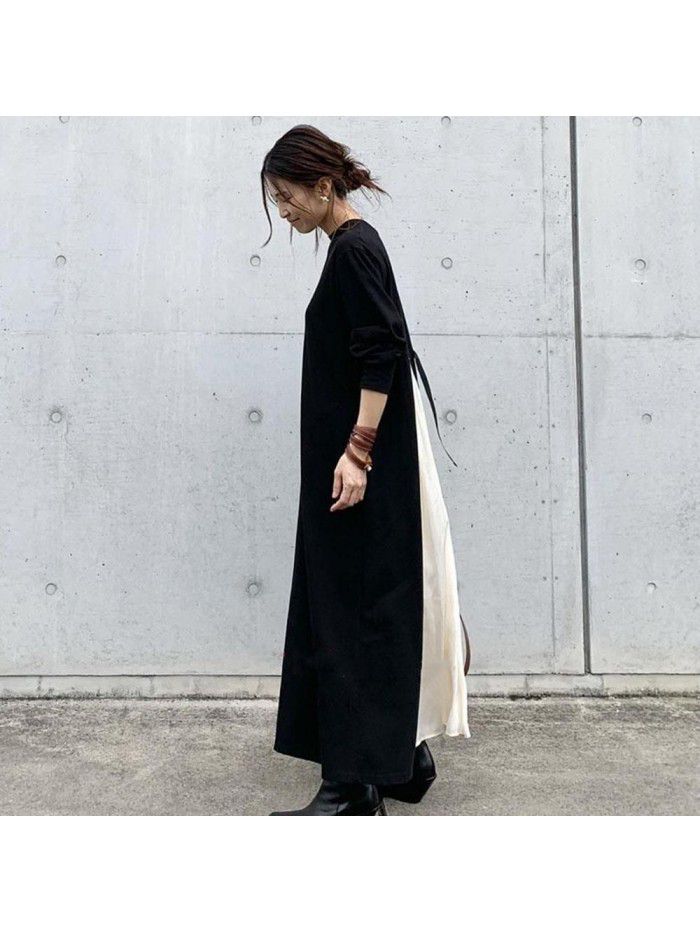 Spring and Autumn New Fashion Brand Versatile Cotton Black and White Spliced Long Sleeve Dress 