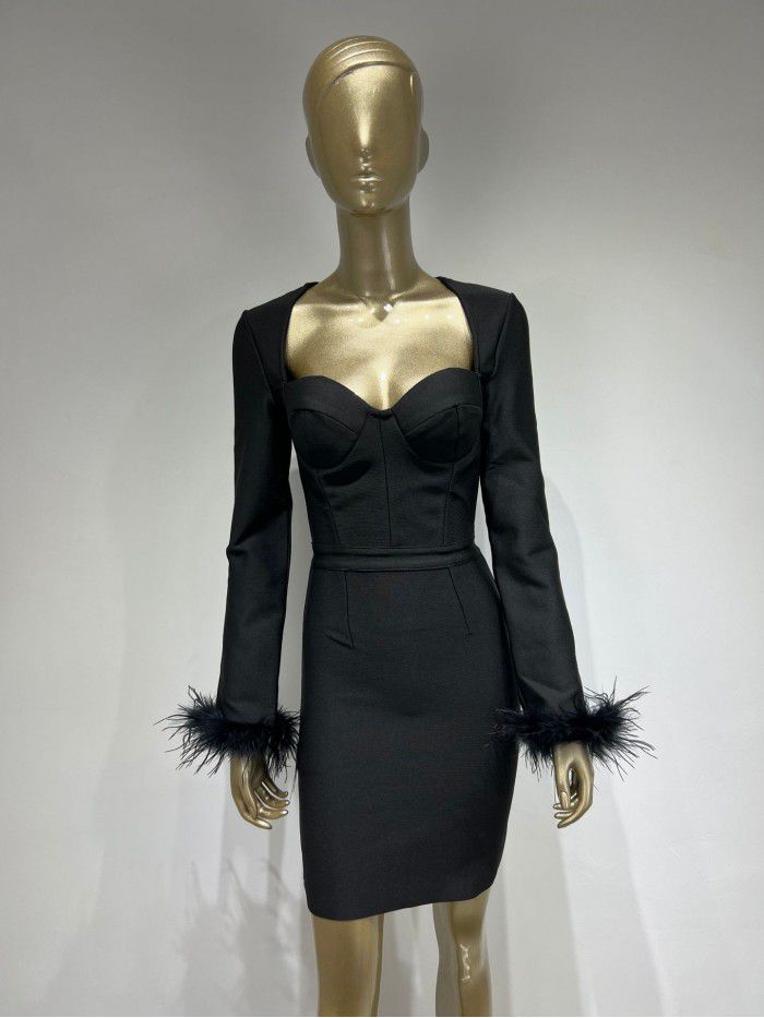 Autumn and Winter New Long Sleeve Feather Cuff Bandage Dress European and American Fashion Elegant Dress Party Dress Dress 