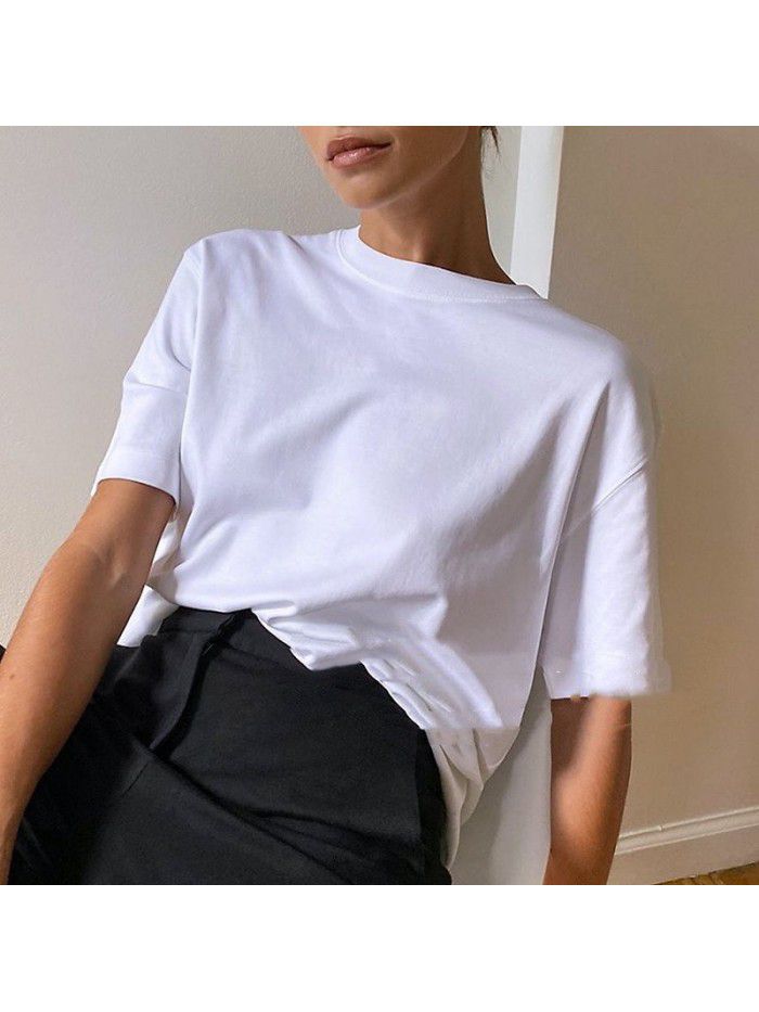 Spring/Summer Loose Solid T-shirt Round Neck Casual Fashion Silhouette Short Sleeve T-shirt Top Female 