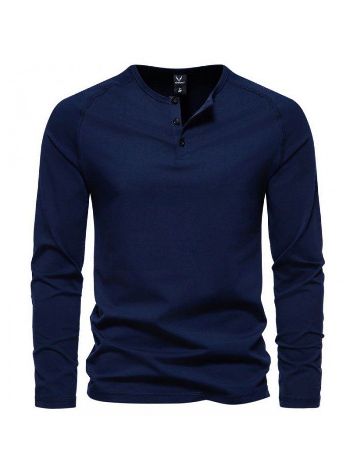 Autumn New Men's Henry Neck Long Sleeve T-shirt Large Casual Solid Underlay Shirt for Men 