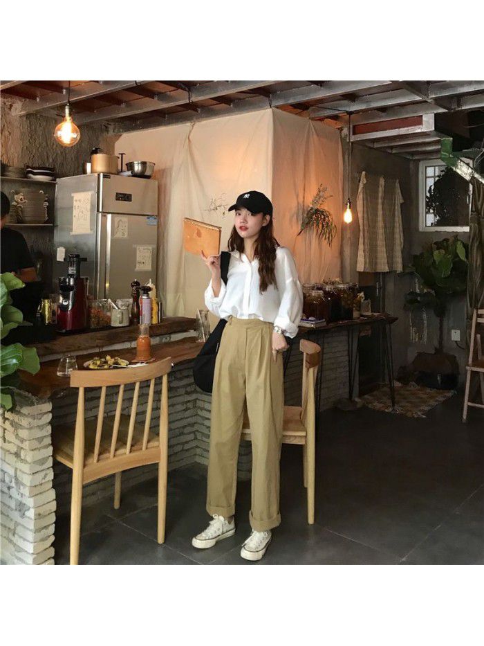Spring/Summer Korean Version Simple Versatile Loose BF Port Style Casual High Waist Work Wear Straight Tube Casual Pants Women's Wide Leg Pants 