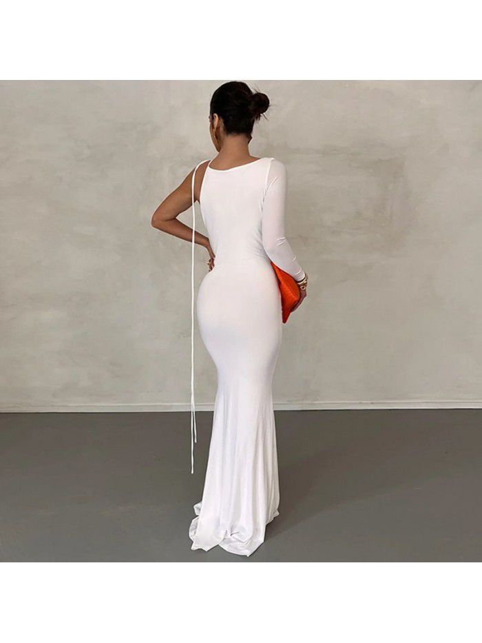 Excellent temperament, one shoulder, slim fit, fishtail skirt, open back, sexy dress, irregular long skirt 