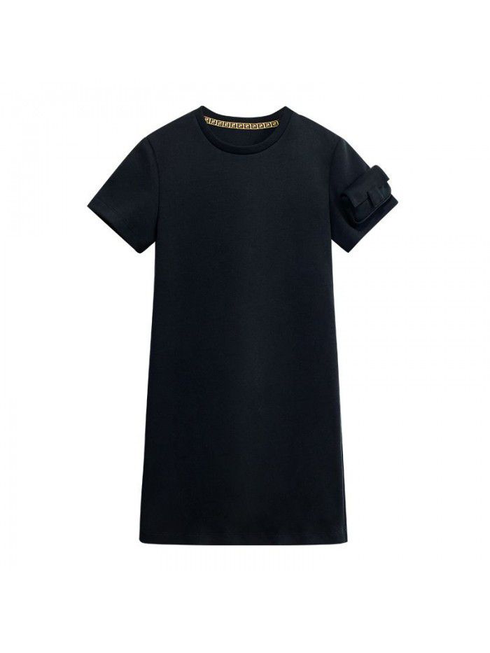 Black Dress Women's Summer High end Casual Loose Straight Round Neck Short Sleeve T-shirt Skirt 
