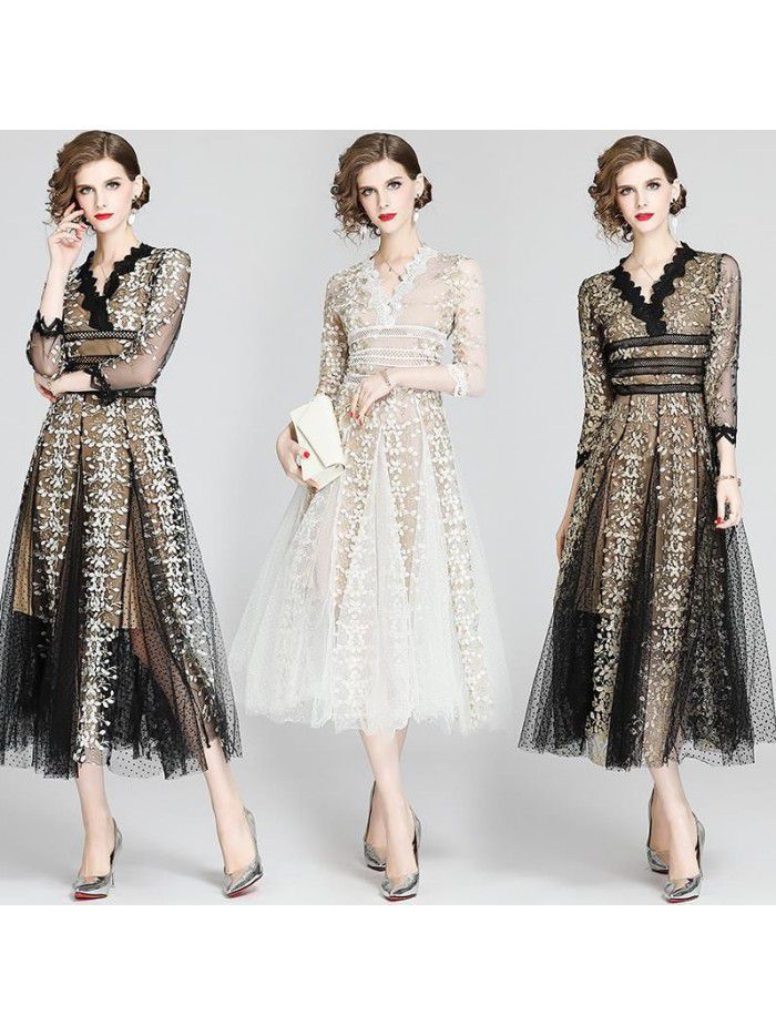 Early Autumn Women's Elegant and Elegant Style, Celebrity Shows Slim V-neck, 9/4 Sleeve Large Swing Long Dress Dress Dress 