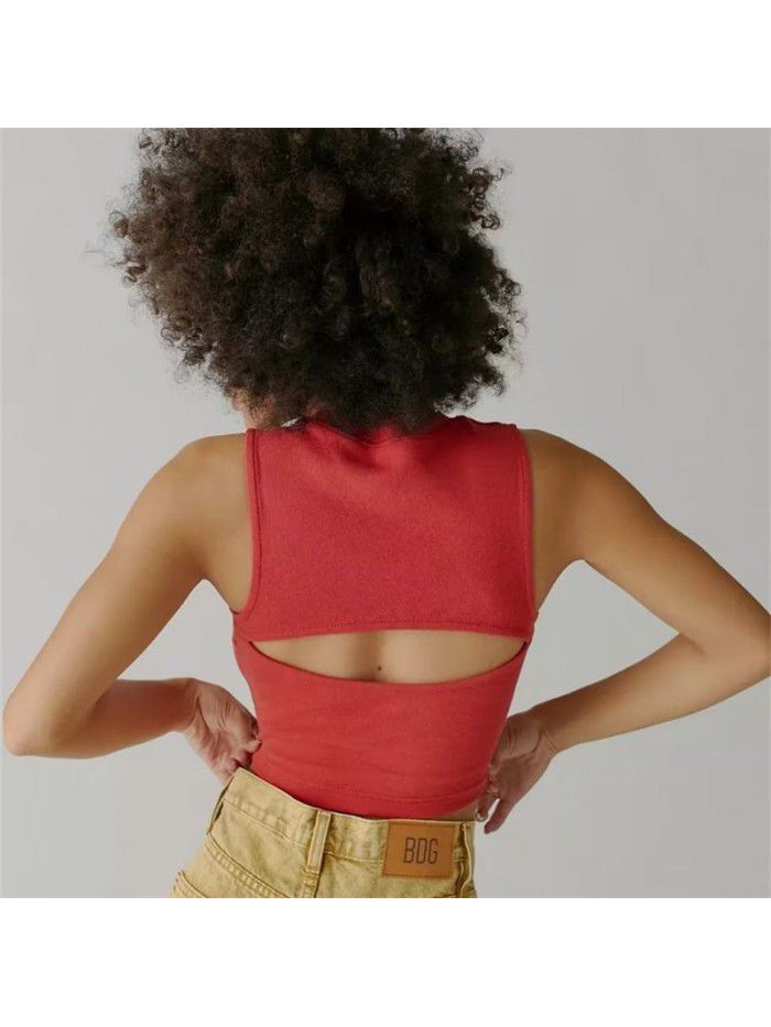 Spring New Big Red Print Back Hollow High Elastic Small Tank Top T-shirt for Women 