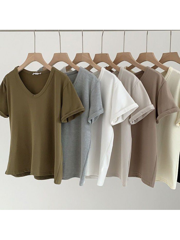 V-neck brushed T-shirt for women's early autumn new product temperament Korean Morandi solid color versatile short sleeved T-shirt for women 