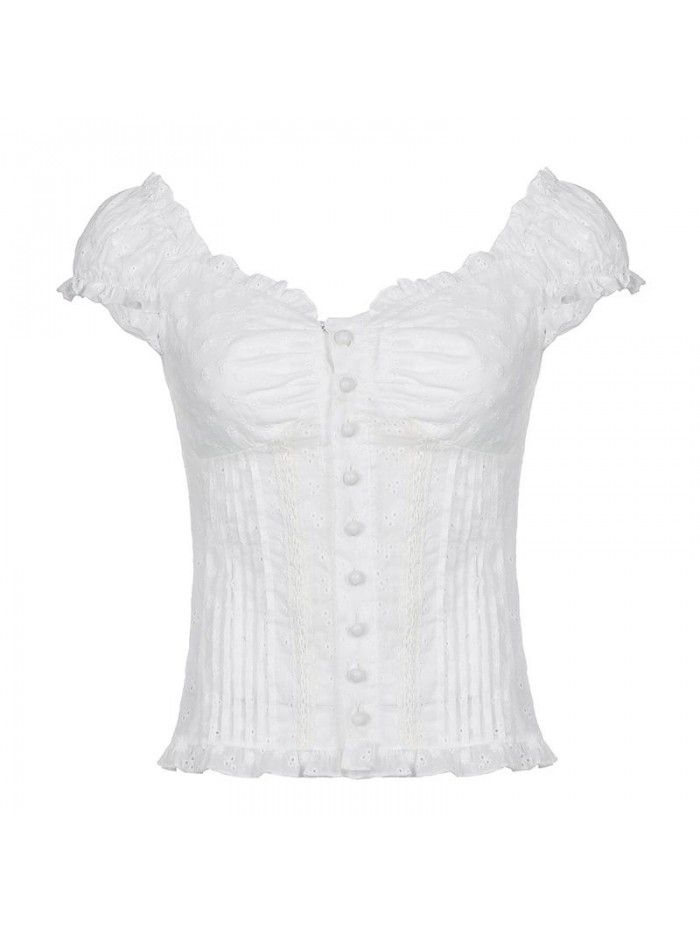 French Vintage Sexy Hook Flower Breast Fold Slim Fit Button V-neck Short Sleeve T-shirt Top Women's Spring New Style 