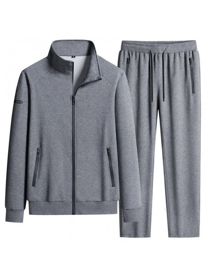 Autumn New Pure Cotton Men's Sports Set Casual Standing Collar Sports Cardigan Long Sleeve Youth Running Two Piece Set for Men 