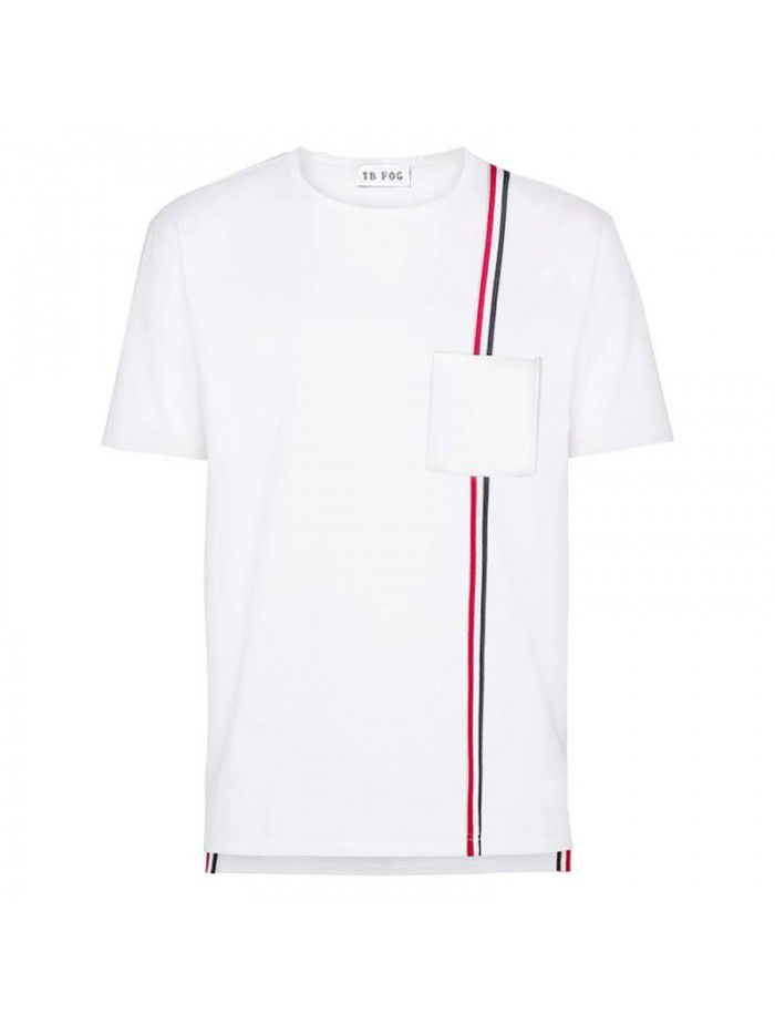 Pocket Red, White, Blue Ribbon Stripe Pure Cotton Summer Short Sleeve T-shirt Casual Fashion Male Couple 