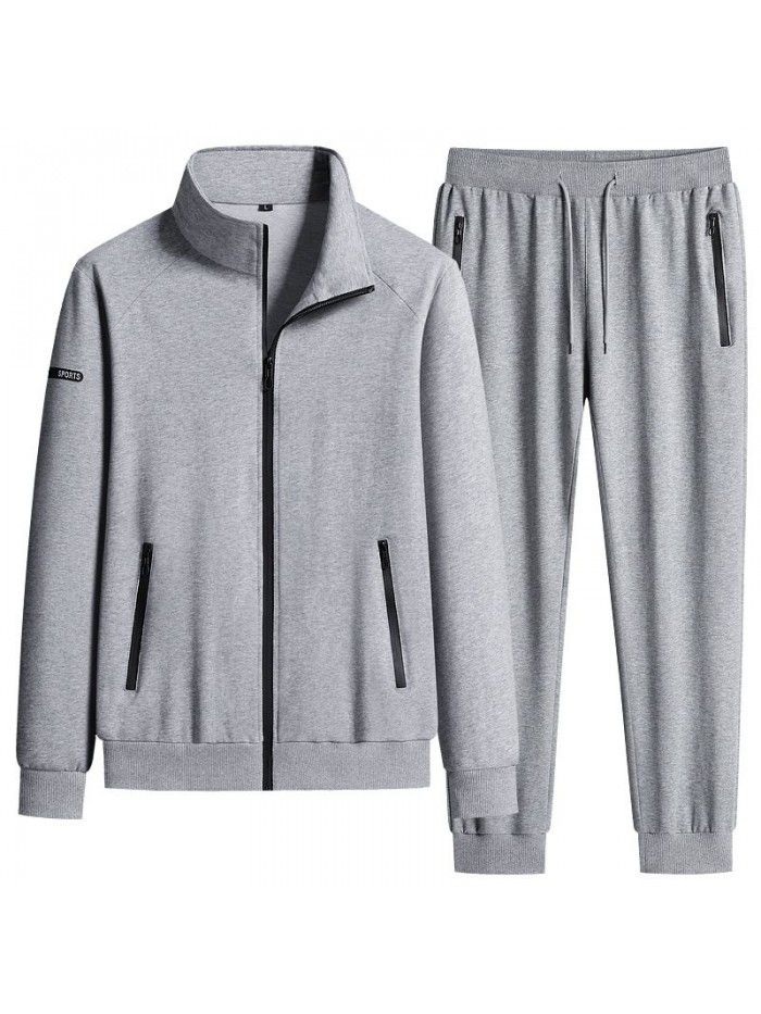 Autumn New Pure Cotton Men's Sports Set Casual Standing Collar Sports Cardigan Long Sleeve Youth Running Two Piece Set for Men 