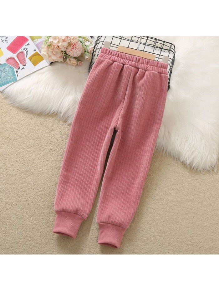 Girls' embroidered pants autumn and winter new plush and thickened leggings Chinese children's Korean casual pants sports pants 