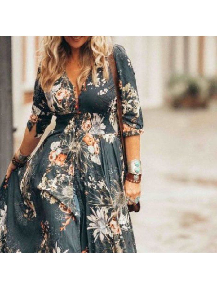 Personalized print design V-neck sexy dress 