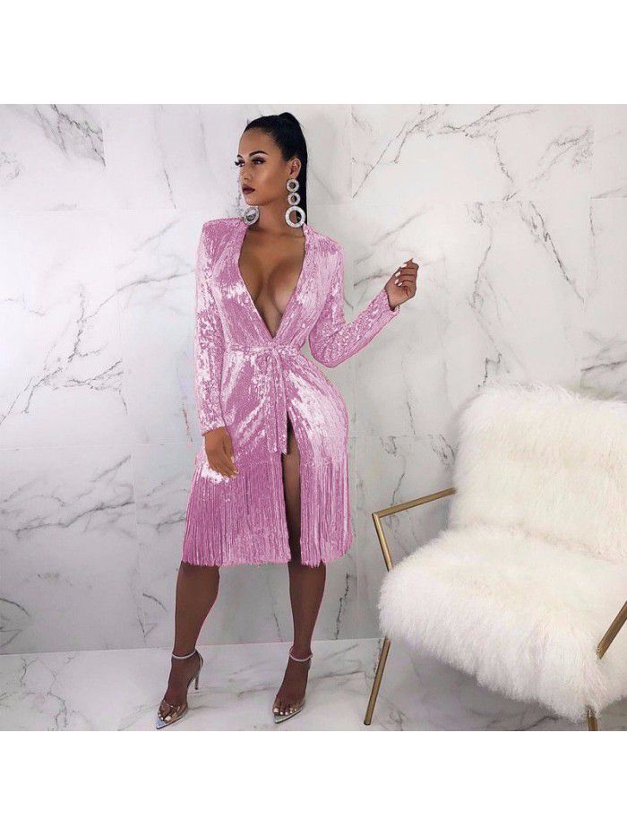 Deep V-neck sparkling sequin lace up long sleeved sexy split tassel dress 