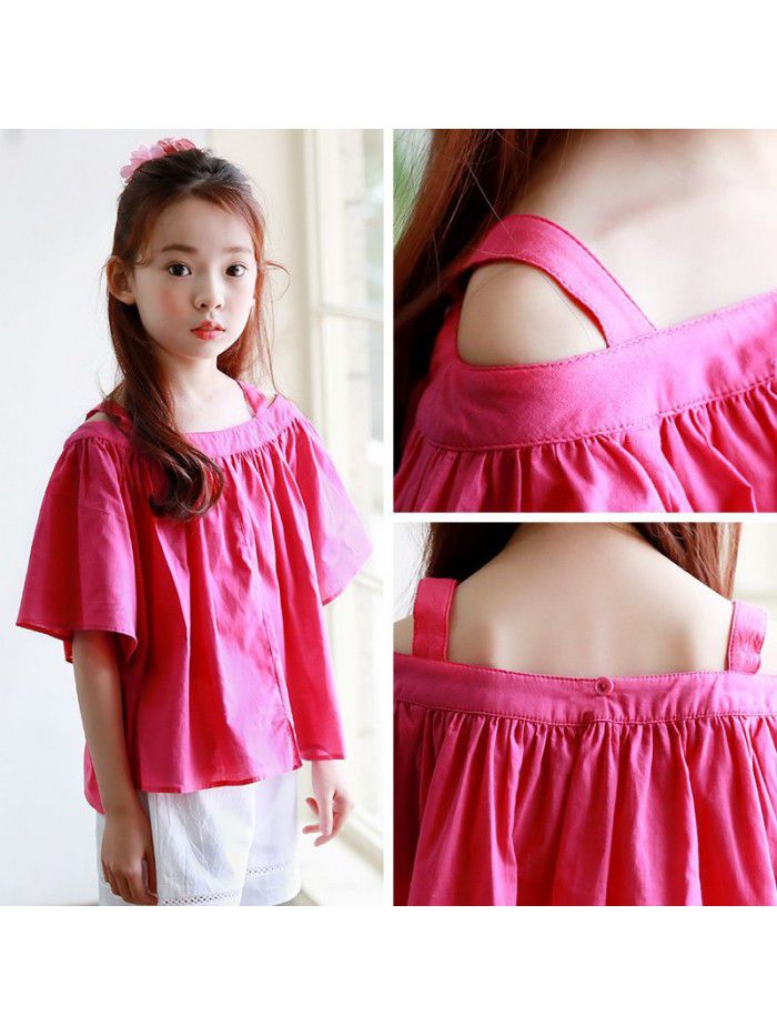 2023 New Summer Korean Edition Children's Off Shoulder Mid size Top Short Sleeve T-shirt for Girls One Piece Replacement A422 