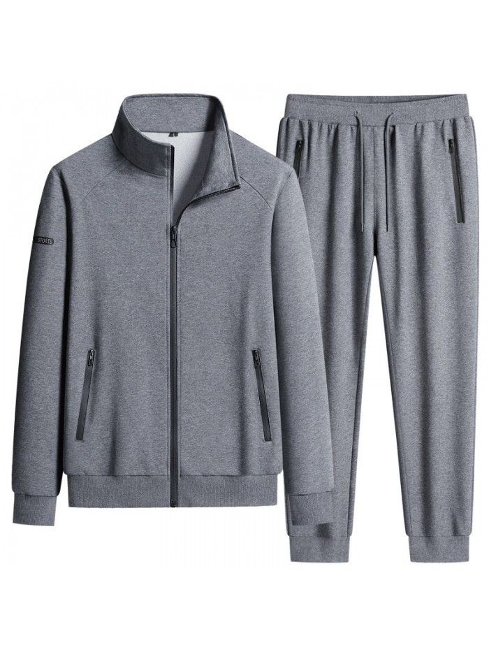 Autumn New Pure Cotton Men's Sports Set Casual Standing Collar Sports Cardigan Long Sleeve Youth Running Two Piece Set for Men 