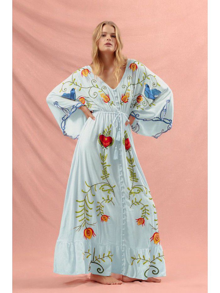 Autumn New Flower Embroidery V-neck Large Flare Sleeve Dress Long Dress 