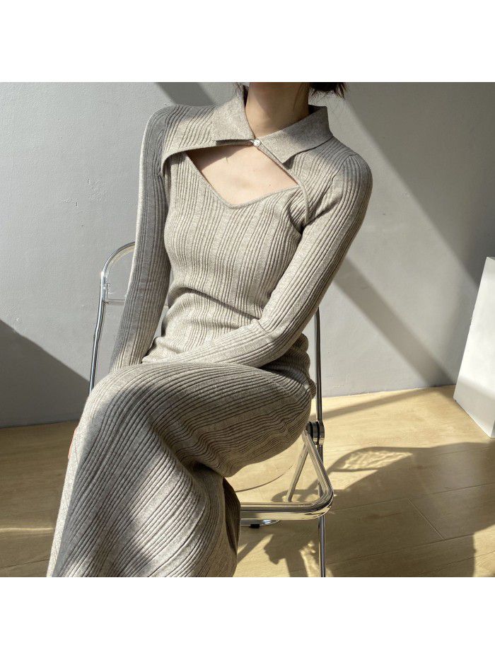 Slim Fake Two Piece Dress Women's Winter Celebrity Ladies Long Dress Temperament Slim Fit Skirt 