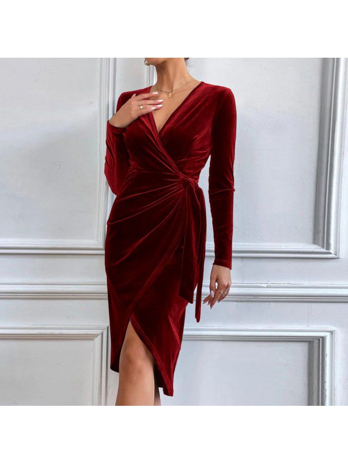 Sexy long dress with V-neck and buttocks, irregular mid length dress, cocktail dress, female 