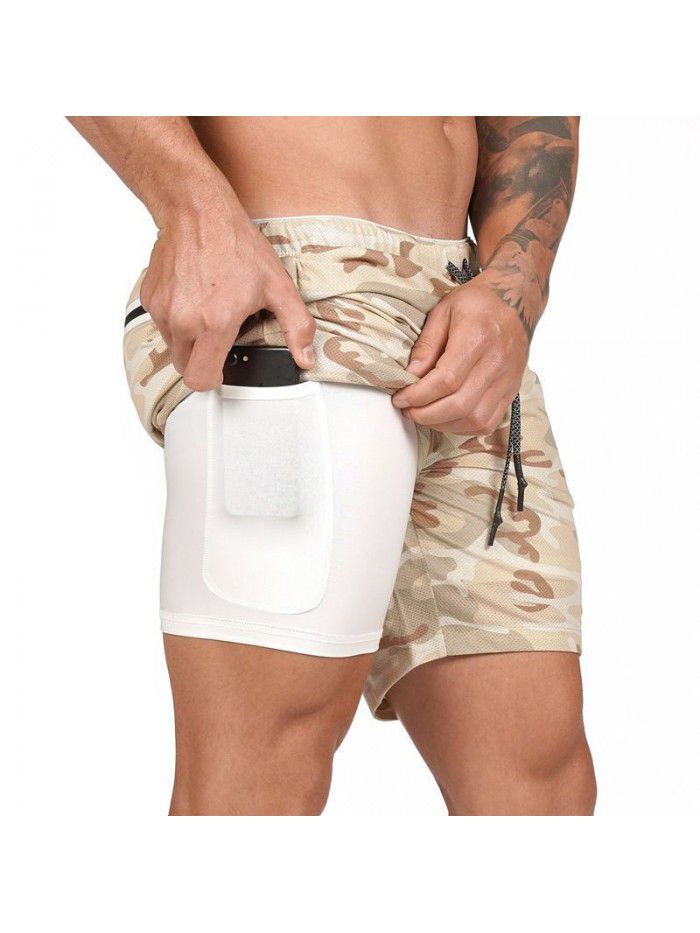 Men's double layer shorts, solid mesh sports and fitness training pants, five point casual pants, men's pants 