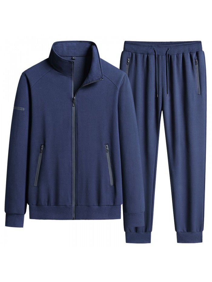 Autumn New Pure Cotton Men's Sports Set Casual Standing Collar Sports Cardigan Long Sleeve Youth Running Two Piece Set for Men 