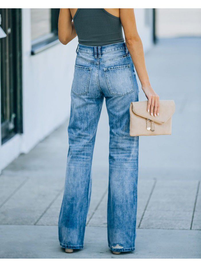 Autumn and winter new street trendsetter straight leg pants with torn jeans for women 
