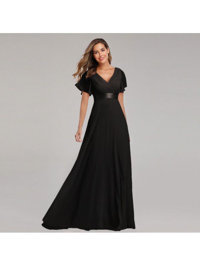Spring/Summer Handmade Folded Big Swing Double V-neck Flare Sleeve Dress Elastic Chiffon Banquet Bridesmaid Large Evening Dress 