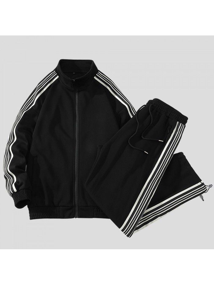 Sports Set Unisex Spring New Running Stand Neck Coat Loose Pants Casual Three Bar Two Piece Set 