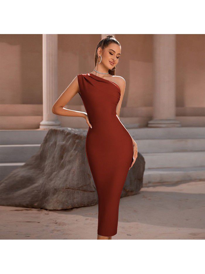 Fashionable and Elegant Women's One Shoulder Bandage Dress Sexy Sleeveless Tight Sky Blue Evening Dress  Fashionable and Elegant Women's One Shoulder Bandage Dress Sexy Sleeveless Tight Sky Blue Evening Dress