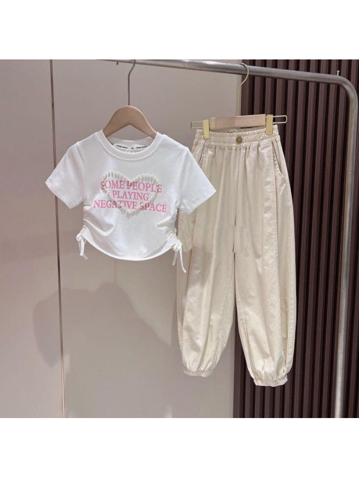  Two piece set of fashionable casual leggings for girls in summer, medium to large children's letter short sleeved girls