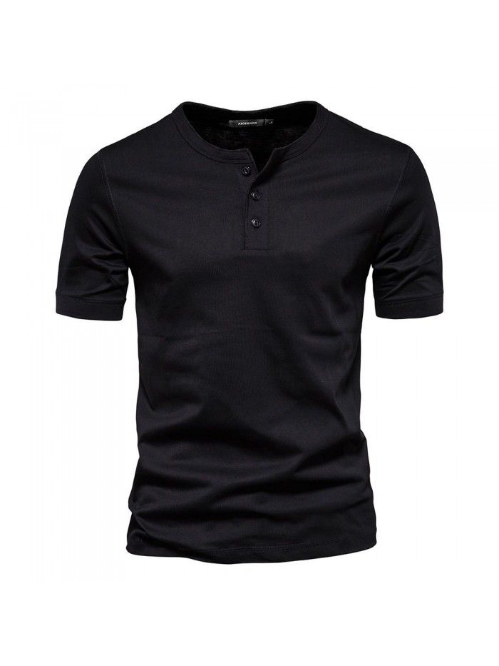 Clothes Men's T Henry Round Neck Short Sleeve T-shirt Heavyweight Men's Slim Fit Solid Color Sports Bottom Shirt 