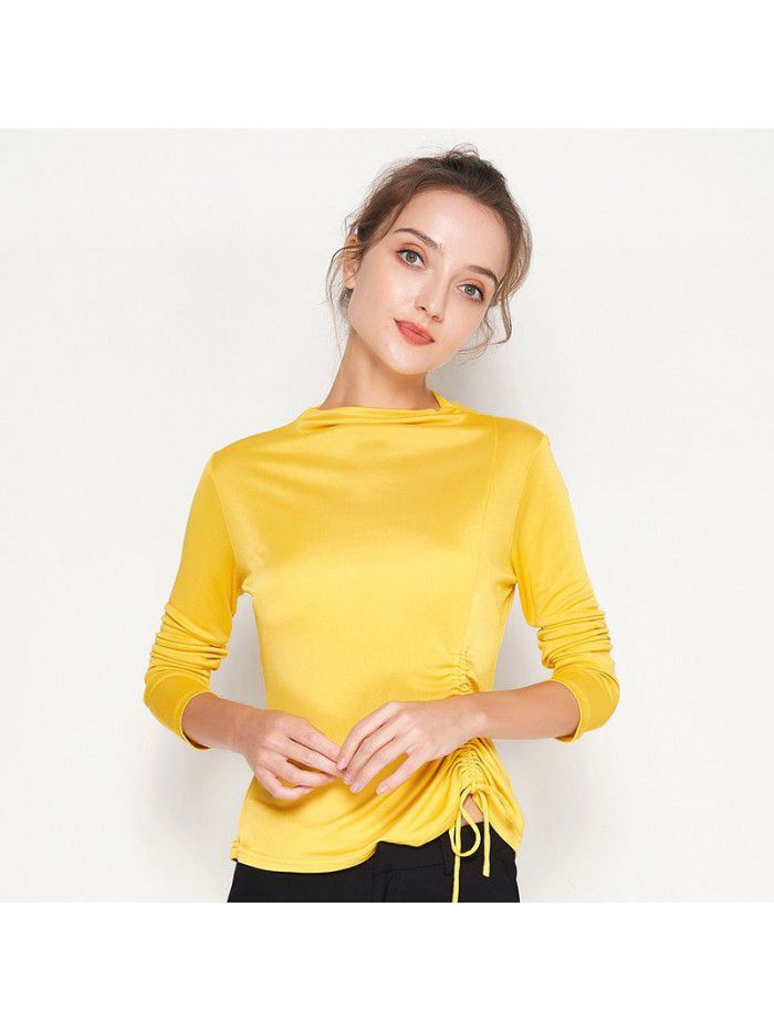 Autumn New Silk Bottom Shirt Women's Long Sleeve T-shirt Silk Drawstring Slim Fit Medium High Neck Top 