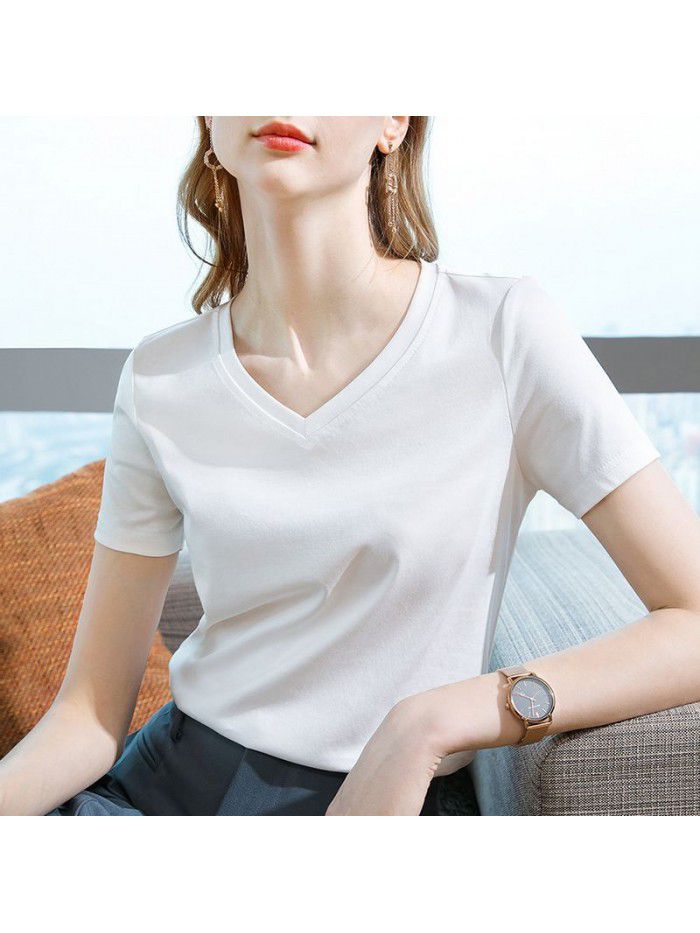 Ice feeling mercerized cotton short-sleeved t-shirt women's new style women's temperament v-neck pure cotton t-shirt pure color high-grade top 