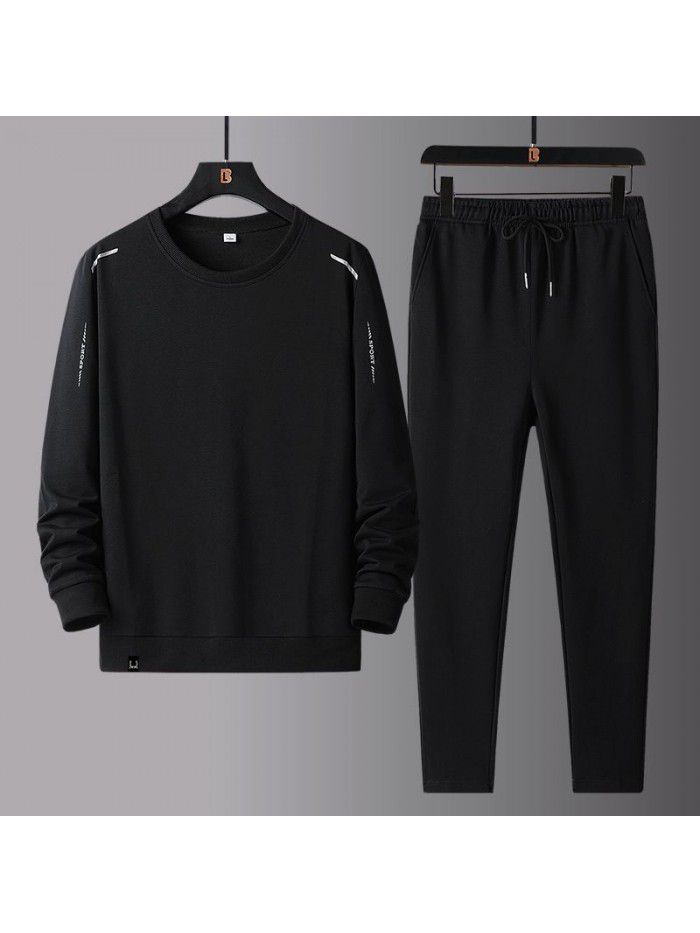 Spring and Autumn Sports and Leisure Set for Men, Middle aged and Elderly Dad's Long sleeved Pants Sweater Large Men's Two Piece Set 