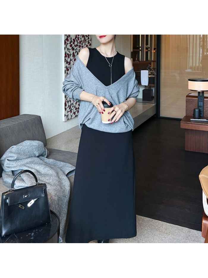 Little Black Dress French Elegant Cloud Ladder Cotton Slim Fit Sleeveless Elastic Tank Top Dress 