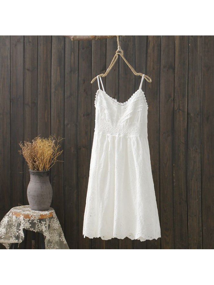 Small fresh seaside resort v-neck waist beach skirt fairy temperament cotton lace open back suspender dress 