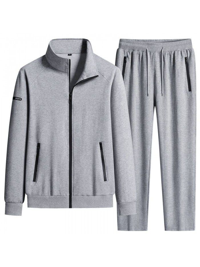 Autumn New Pure Cotton Men's Sports Set Casual Standing Collar Sports Cardigan Long Sleeve Youth Running Two Piece Set for Men 