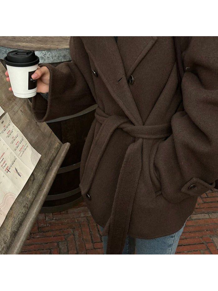Retro lapel collar double breasted coat for women's winter new silhouette wool double-sided woolen coat