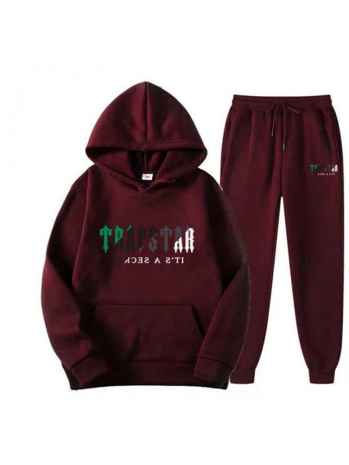 New men's hoodie set for spring, autumn, and winter, plush sweater, casual sports two-piece set 