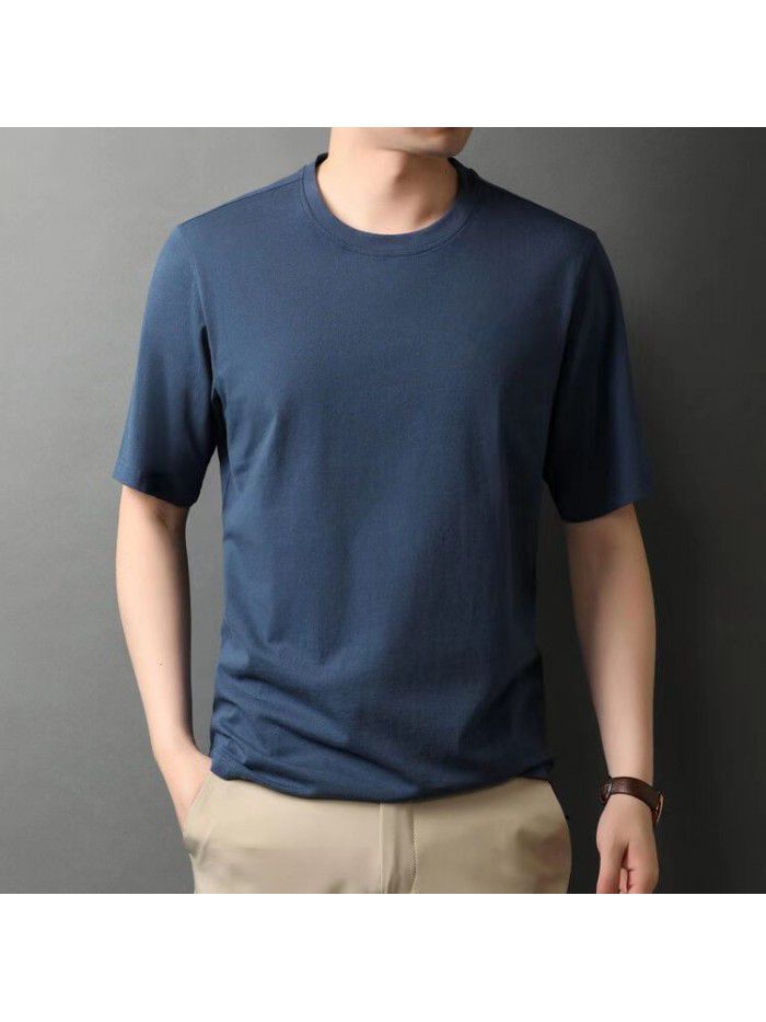 Short sleeved T-shirt for men, middle-aged and young, Korean casual fashion trend, solid color round neck pullover for men's T-shirt 
